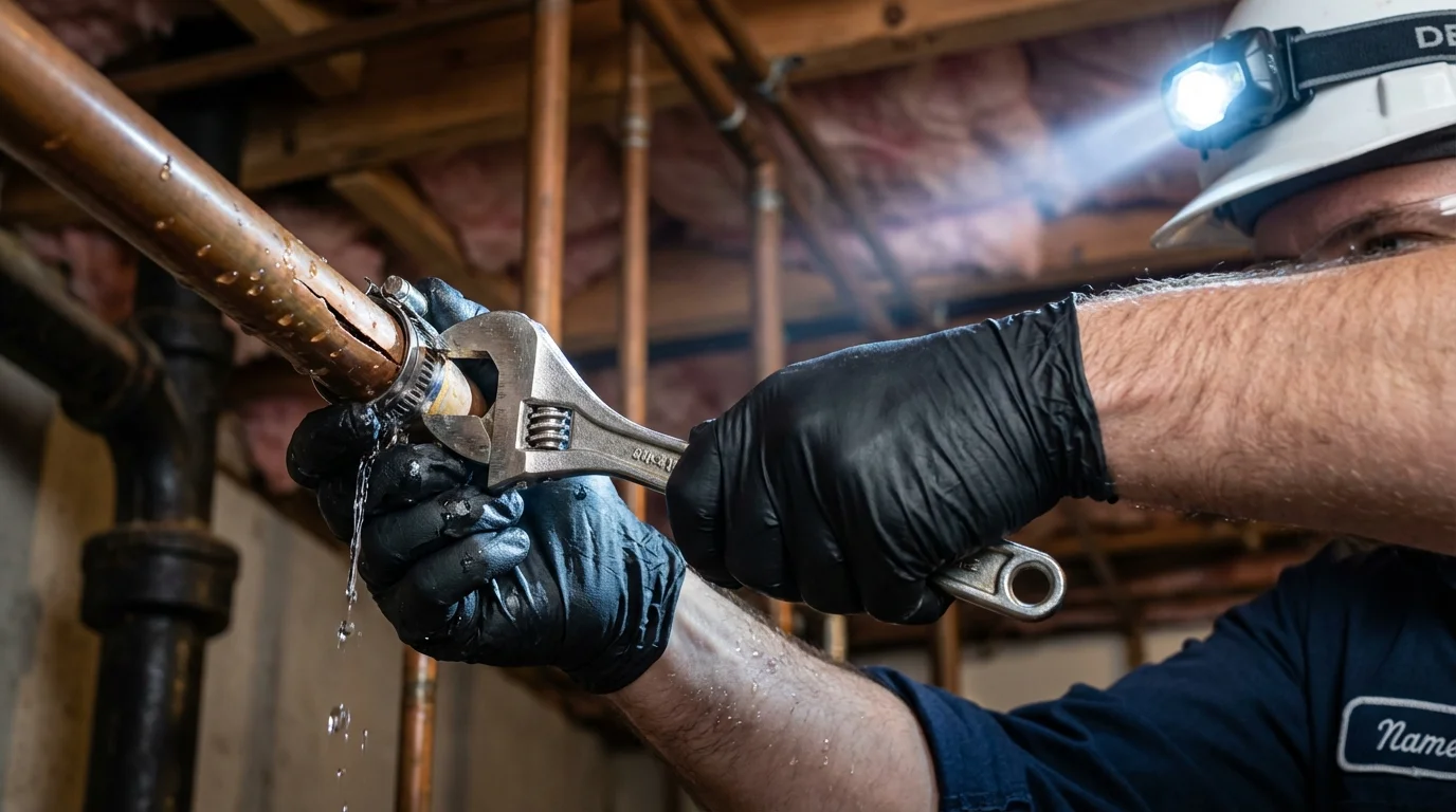 Emergency pipe clamp repair being performed by a Johns Plumbing LLC plumber in Franklin Park