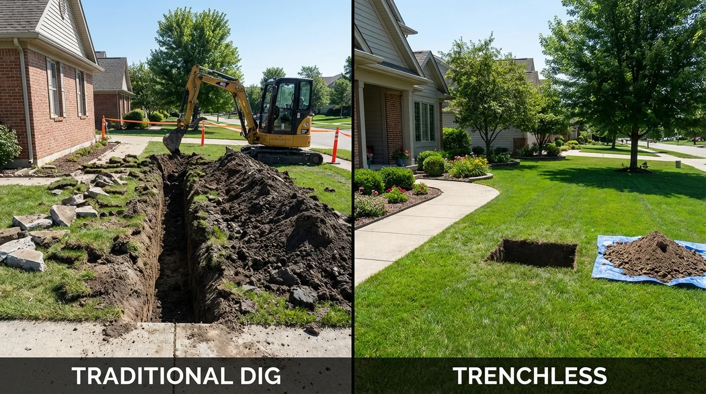 Trenchless sewer repair with minimal yard damage versus traditional excavation in Franklin Park, IL