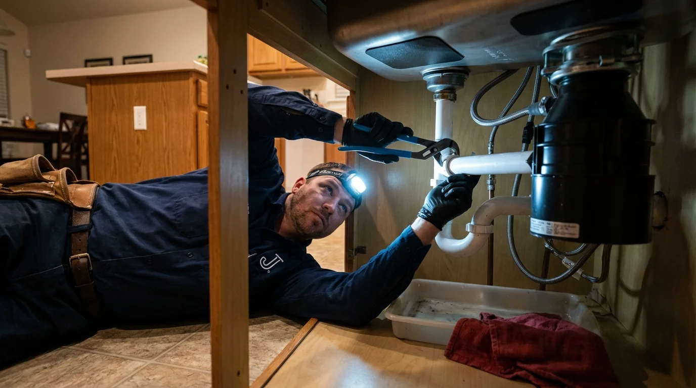 P-trap and supply line connections under a kitchen sink showing a common leak point in Franklin Park, IL
